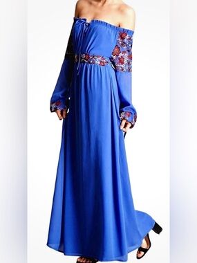 Women’s Anthropologie RD + Koko Blue Foral Embroidered Maxi Dress Size L NWT